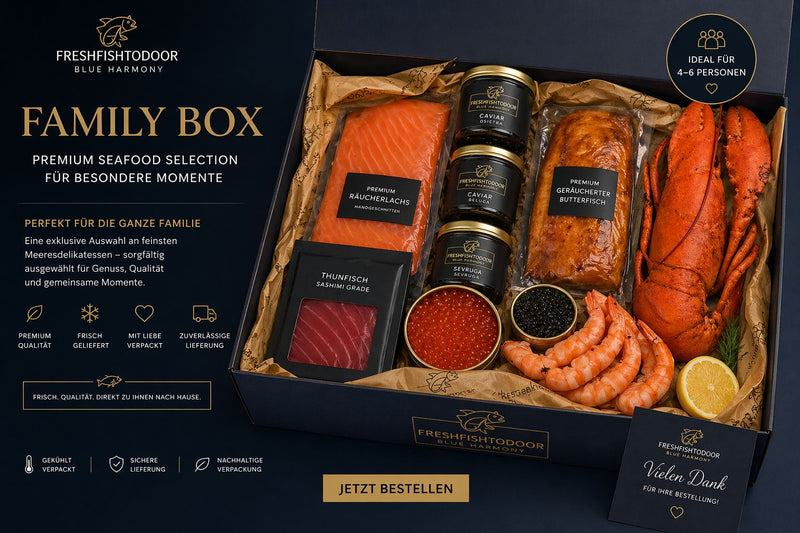 Family Seafood Box Edition. Perfekt für Familien, die Qualität genießen möchten – ohne Kompromisse.  Großzügige Portionen, hochwertige Produkte und ein entspanntes Kocherlebnis für Zuhause.